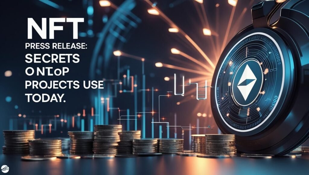 A futuristic digital scene with stacked coins and a glowing Ethereum symbol, featuring the text "NFT Press Release: Secrets Only Top Projects Use Today."